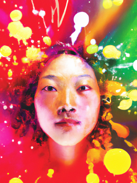 face of a woman surrounded by an explosion of colour
