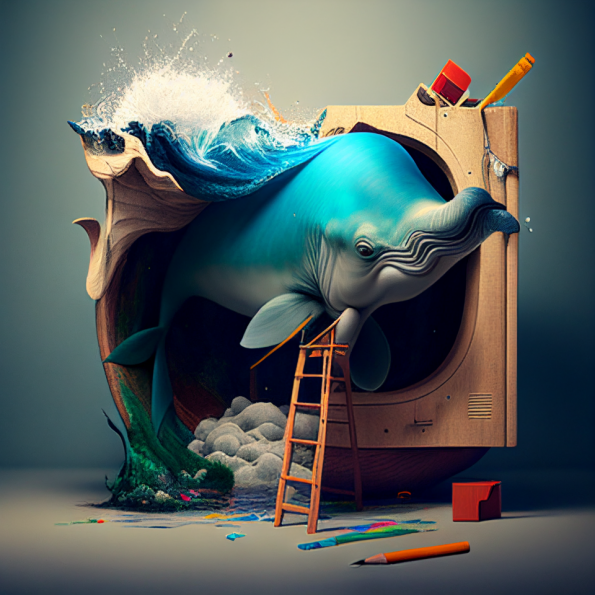 Natalie Smithson surreal AI art on creativity - blue whale in a box with pencils