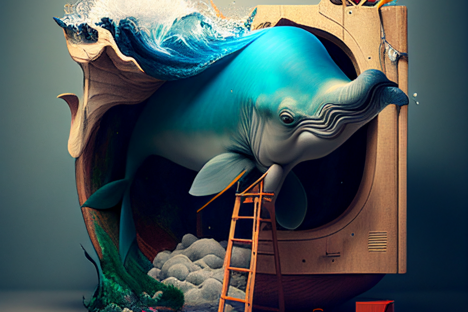 Natalie Smithson surreal AI art on creativity - blue whale in a box with pencils