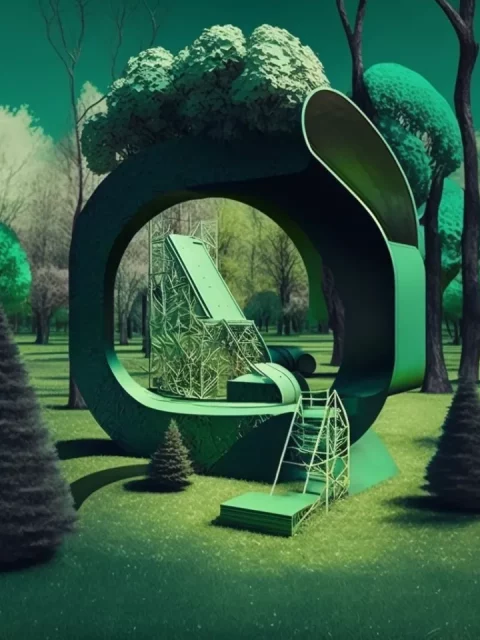 Green scene with a surreal looking garden