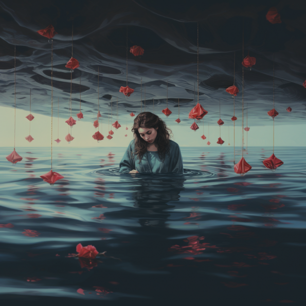 Sea is above and below a woman in the water with red flowers and above and below her