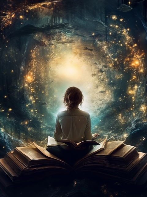 A female sits in a magical realm surrounded by books