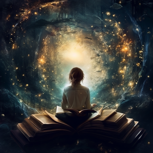 A female sits in a magical realm surrounded by books