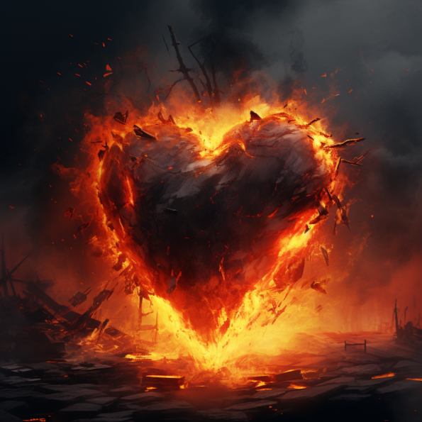 A large heart is on fire in a dark sky, burning above a sea that has the remnants of a shipwreck