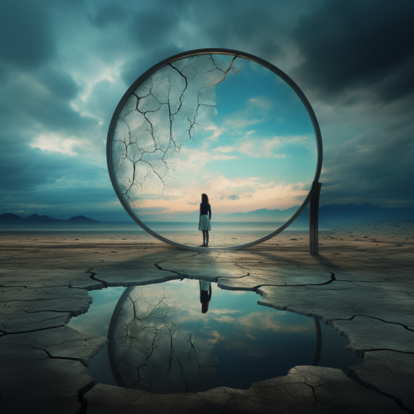 A lone figure stands on a dried up sea shore in the middle of a giant mirror that is broken. We see their reflection in a puddle.