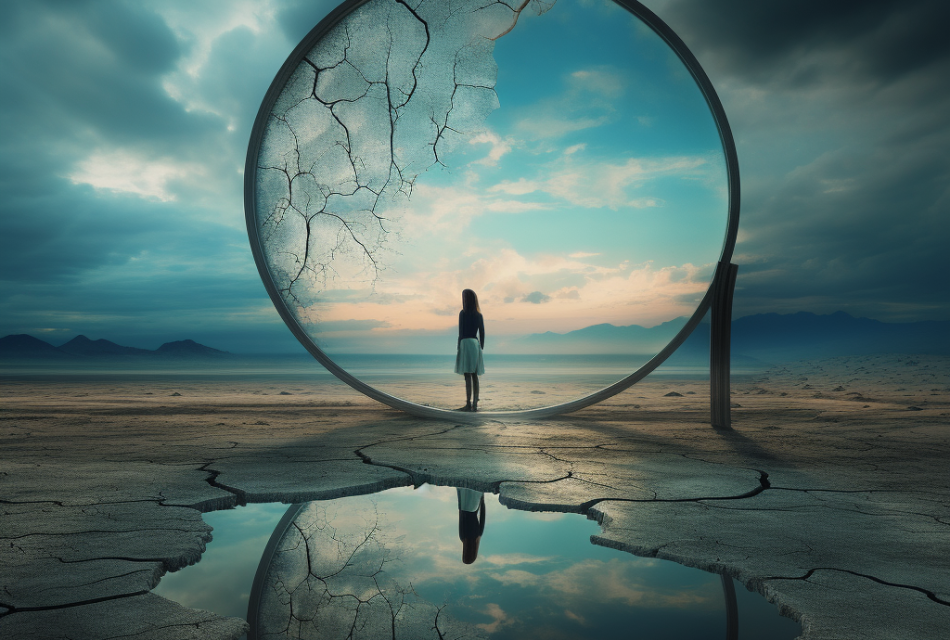A lone figure stands on a dried up sea shore in the middle of a giant mirror that is broken. We see their reflection in a puddle.