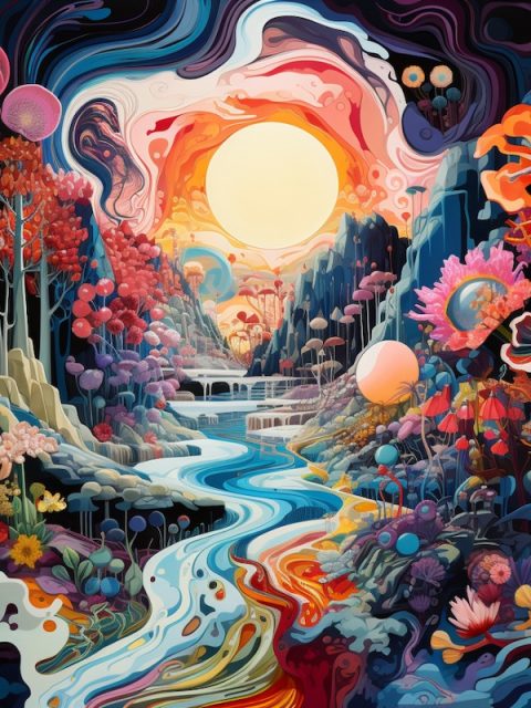 A vibrant, colourful, mystical place with flowers growing up mountains. A river that looks like paint runs between them and in the centre of a far off destination is a large sun.