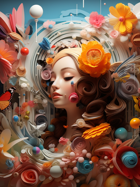 An AI generated image of a girl's face, surrounded by a 1950s style swirl of flowers and butterflies in full colour