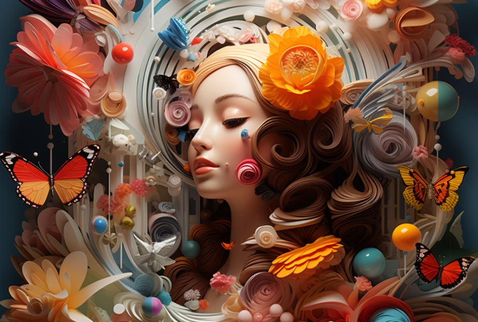 An AI generated image of a girl's face, surrounded by a 1950s style swirl of flowers and butterflies in full colour