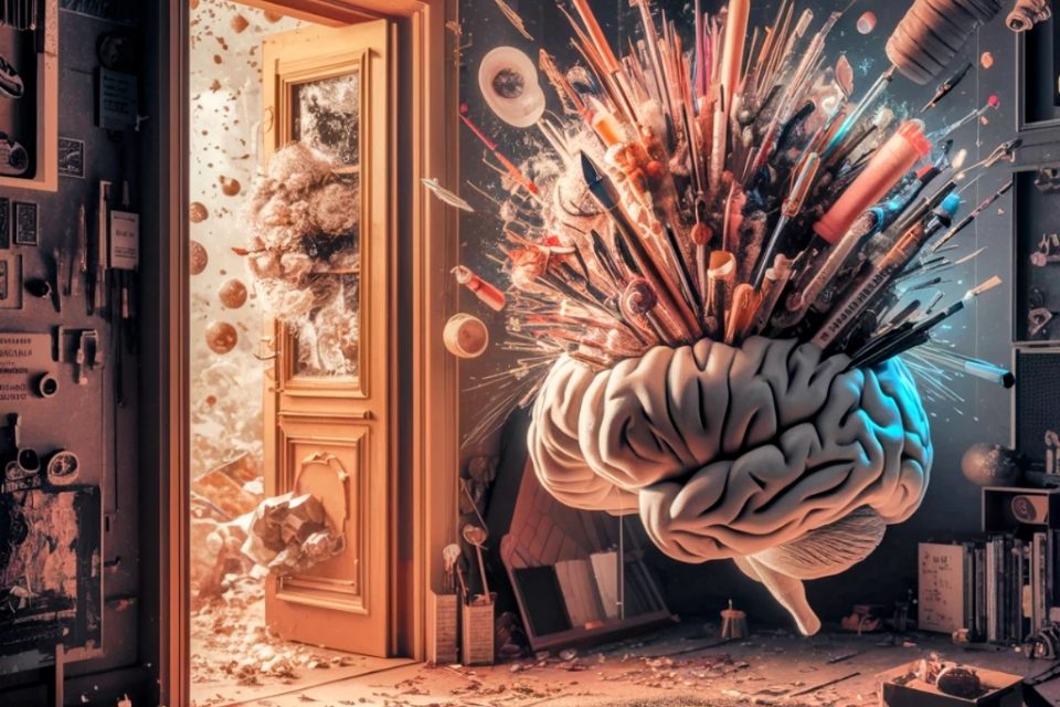 AI image of a brain exploding with pencils and bobbins and bursts of colour