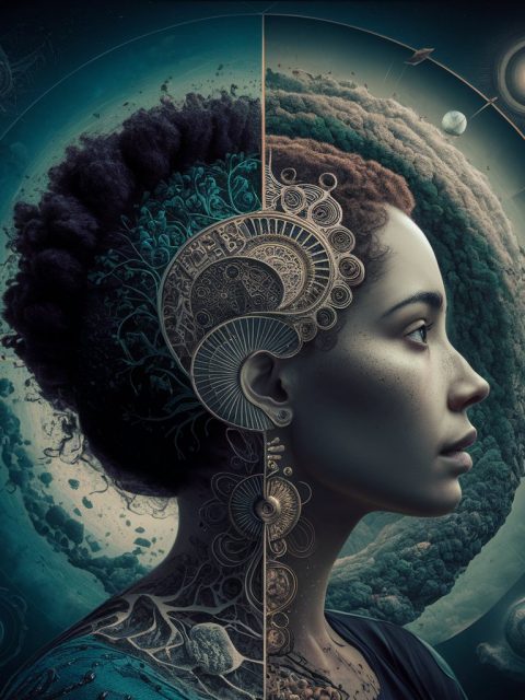 A surrealist AI generated image of a woman's profile, surrounded by nature scenes and neural-like pathways