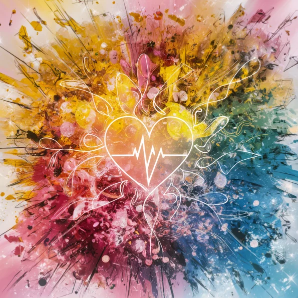 AI image showing an explosion of colours jetting out from a heart shape with a pulse line beating through it