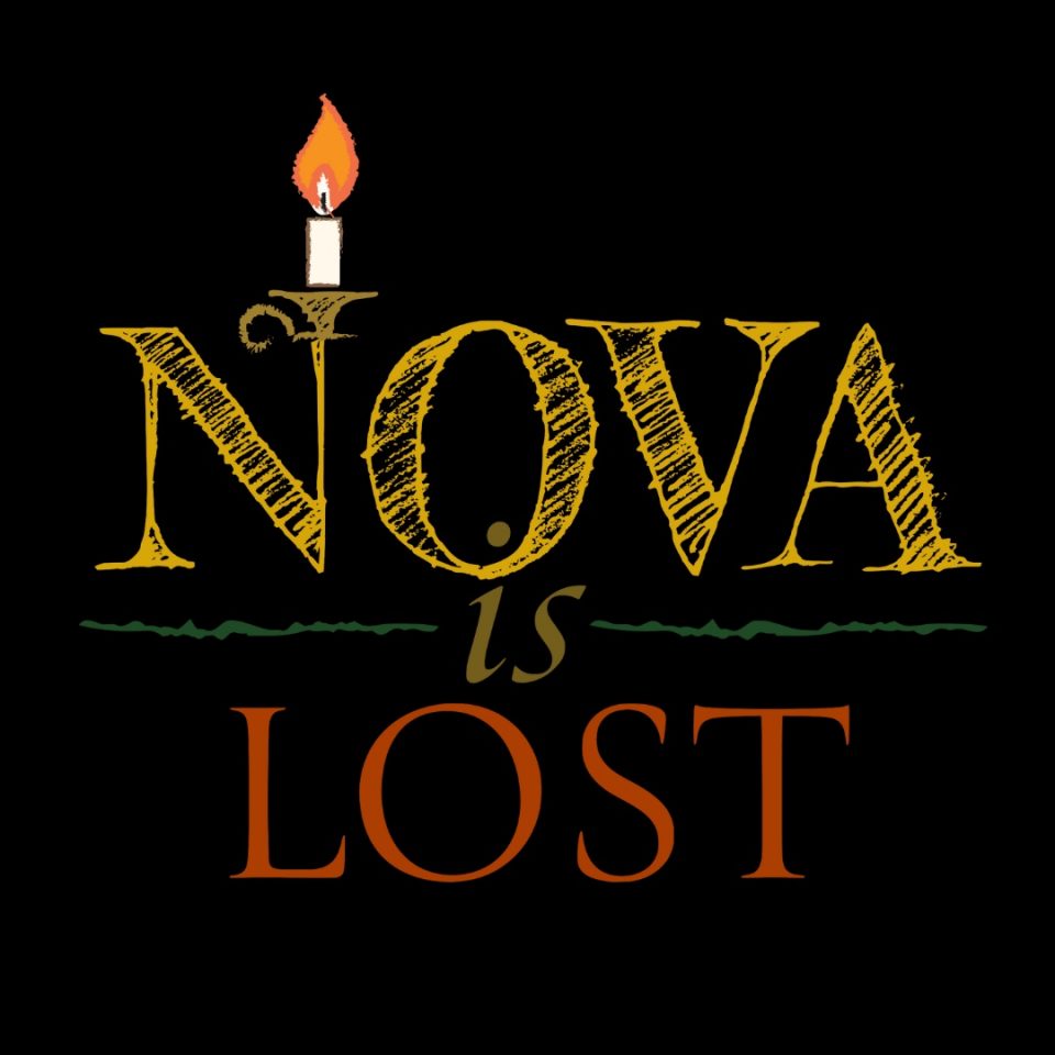 Nova Is Lost logo in gothic text with a candle on black background