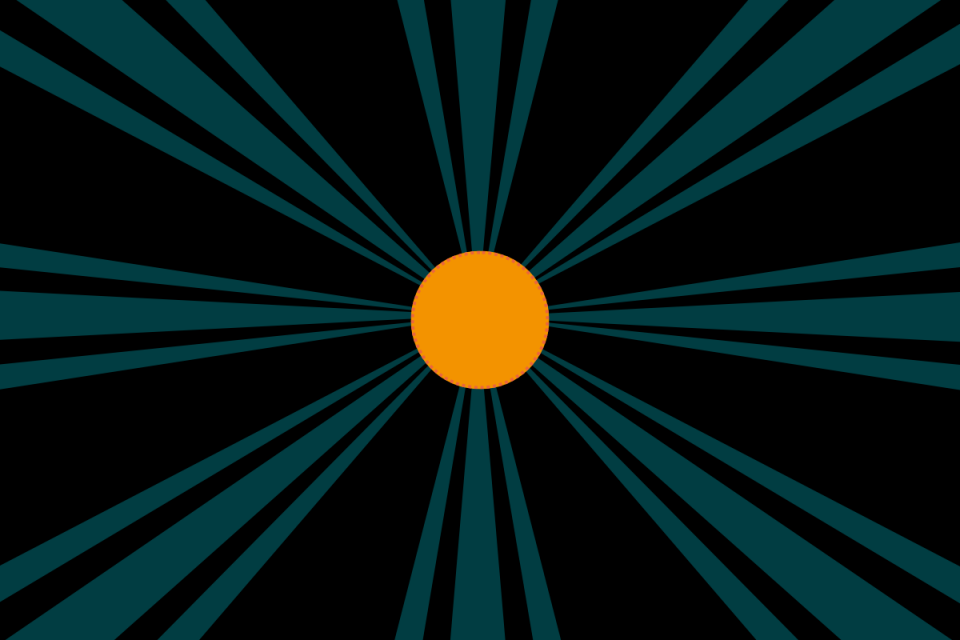 A fan of teal rays on a black background with a bright orange centre circle